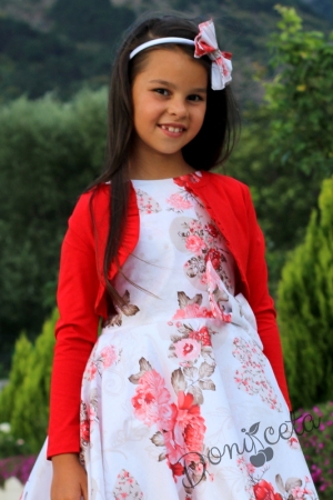 Комплект от детска рокля в бяло с цветя в червено тип клош с болеро в червено Христин  4