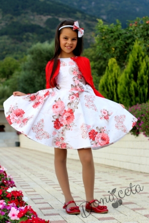 Комплект от детска рокля в бяло с цветя в червено тип клош с болеро в червено Христин  5
