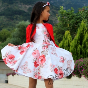 Комплект от детска рокля в бяло с цветя в червено тип клош с болеро в червено Христин  6