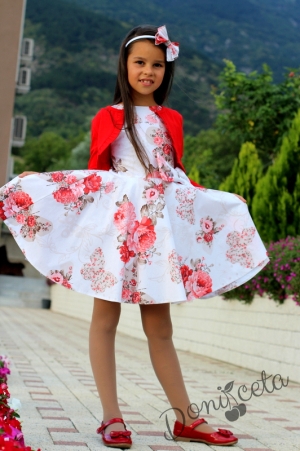 Комплект от детска рокля в бяло с цветя в червено тип клош с болеро в червено Христин  7