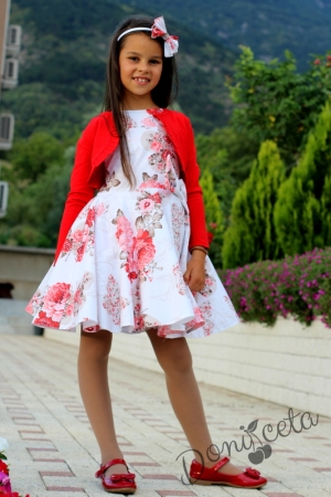 Комплект от детска рокля в бяло с цветя в червено тип клош с болеро в червено Христин  8