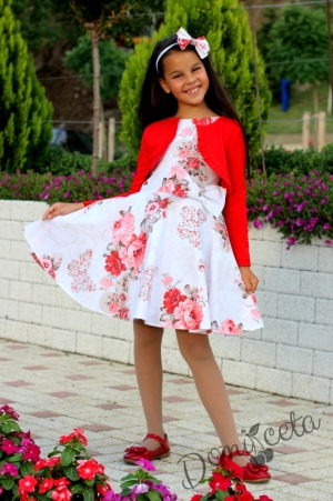 Комплект от детска рокля в бяло с цветя в червено тип клош с болеро в червено Христин  9