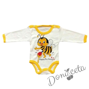 Бебешко боди с дълъг ръкав в бяло с пчеличка