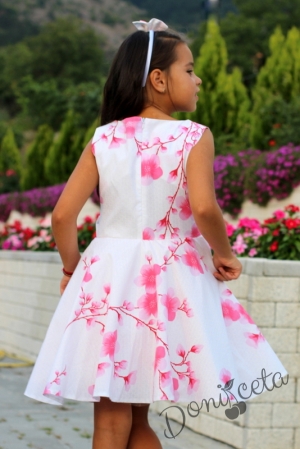 Официална детска рокля в бяло на цветя/орхидеи в прасковено тип клош Патриция 4
