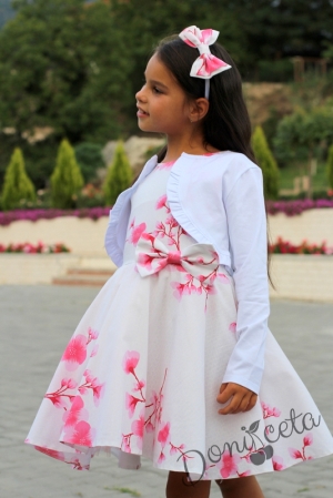 Комплект от детска рокля в бяло на цветя/орхидеи в прасковено тип клош Патриция с болеро в бяло 8