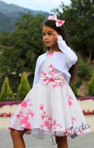 Комплект от детска рокля в бяло на цветя/орхидеи в прасковено тип клош Патриция с болеро в бяло 10