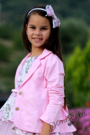 Детско памучно сако за момиче в розово с къдрички и панделка отзад