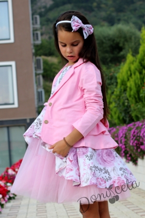 Комплект от официална детска рокля Надежда с цветя с тюл  и сако в розово