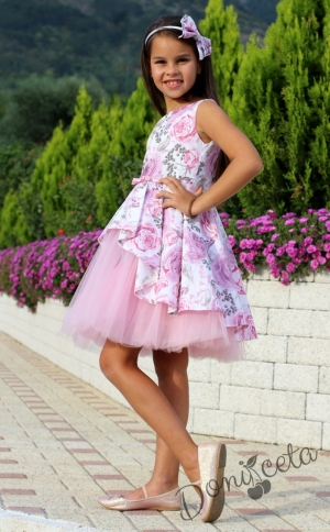 Комплект от официална детска рокля с цветя с тюл Кларина и сако в розово2