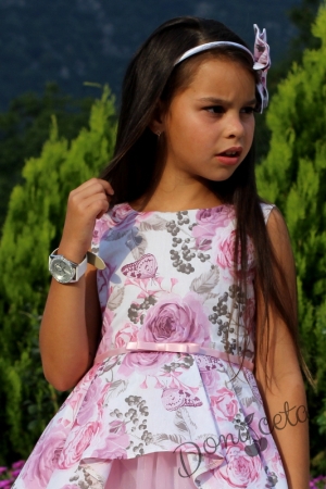 Комплект от официална детска рокля с цветя с тюл Кларина и сако в розово 3