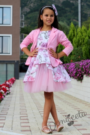 Комплект от официална детска рокля с цветя с тюл Кларина и сако в розово5