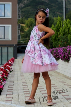 Комплект от официална детска рокля с цветя с тюл Кларина и сако в розово7