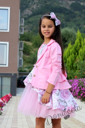 Комплект от официална детска рокля с цветя с тюл Кларина и сако в розово 8