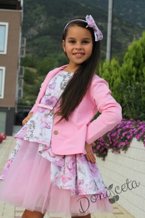Комплект от официална детска рокля с цветя с тюл Кларина и сако в розово9