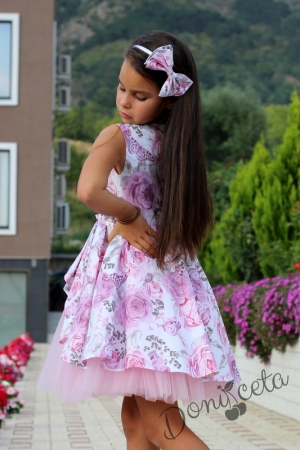 Комплект от официална детска рокля с цветя с тюл Кларина и сако в розово10