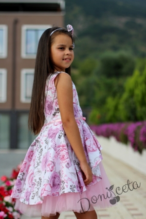 Комплект от официална детска рокля с цветя с тюл Кларина и сако в розово12