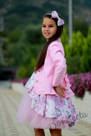 Комплект от официална детска рокля с цветя с тюл Кларина и сако в розово 15
