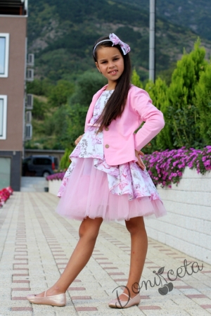 Комплект от официална детска рокля с цветя с тюл Кларина и сако в розово16