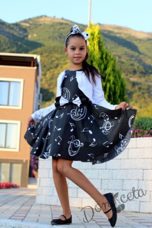 Комплект от детска официална рокля в черно с ноти тип клош Валери с болеро в бяло 3