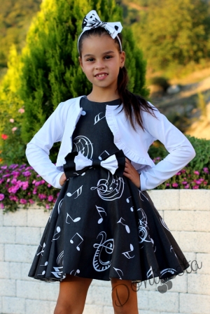 Комплект от детска официална рокля в черно с ноти тип клош Валери с болеро в бяло 6