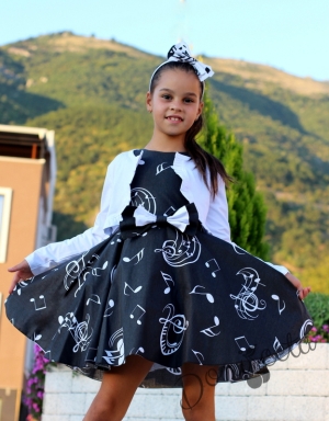 Комплект от детска официална рокля в черно с ноти тип клош Валери с болеро в бяло 9