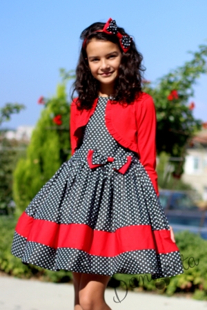 Комплект от детска официална рокля в черно на бели точки с червена лента Глоринда с болеро в червено