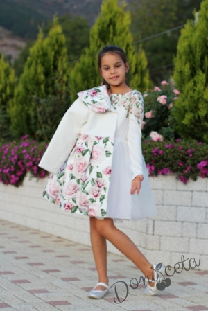 Комплект от детска рокля с дълъг ръкав с шарени рози и тюл със зимно палто в същия десен с яка 