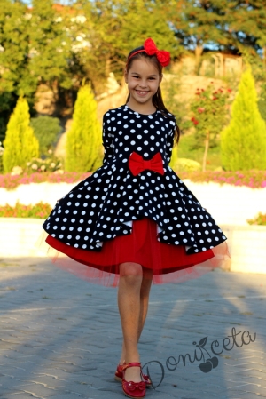 Комплект от детска рокля с дълъг ръкав в тъмносиньо на бели точки с червен тюл и болеро в червено