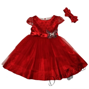 Детска/бебешка рокля с къс ръкав в червено с тюл и панделка за коса в червено