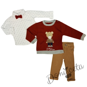 Комплект за момче от панталон, риза и пуловер с дълъг ръкав в цвят бордо 2