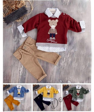 Комплект за момче от панталон, риза и пуловер с дълъг ръкав в цвят бордо 1