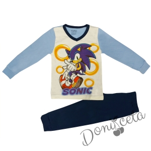 Детска пижама с дълъг ръкав с апликация на Соник в синьо