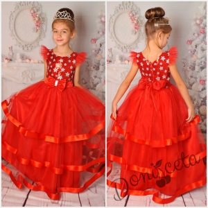 Официална дълга детска рокля в червено с къс ръкав и тюл