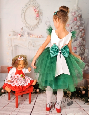Официална коледна  детска рокля в зелено със снежен човек