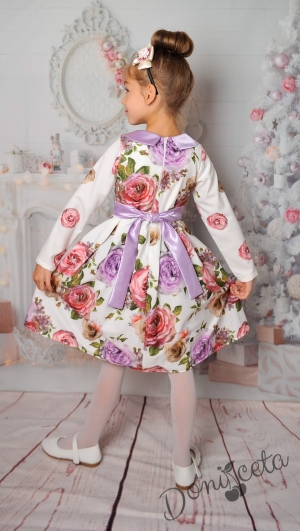 Официална детска рокля на цветя с дълъг ръкав и тюл в лилаво 