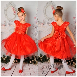 Официална детска рокля с 3D цветя и тюл в червено