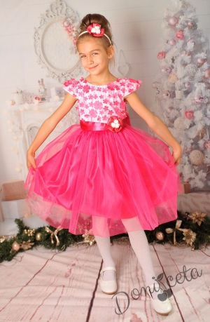 Официална детска рокля с 3D цветя в циклама 