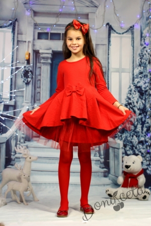 Детска коледна рокля Надежда с дълъг ръкав и тюл в червено 