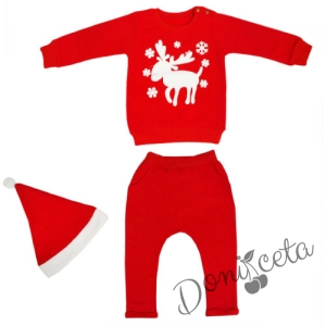 Бебешки/детски ватиран коледен комплект от блузка с еленче, панталонки и шапка 