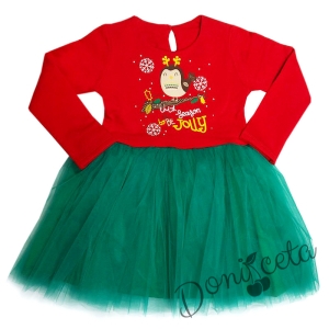 Детска коледна ватирана рокля с дълъг ръкав в червено със зелен тюл птиче