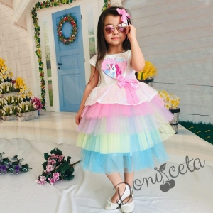Детска рокля с Пони/Еднорог с многоцветен тюл и панделка за коса