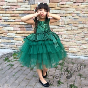 Официална детска рокля в зелено от пайети и тюл на пластове Валериа 1