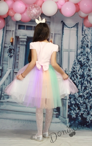 Детска рокля без ръкав с Пони/Еднорог в розово с шарен тюл и диадема