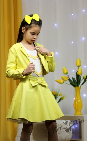 Детска кожена пола Мелания в жълто за момиче с панделка отпред