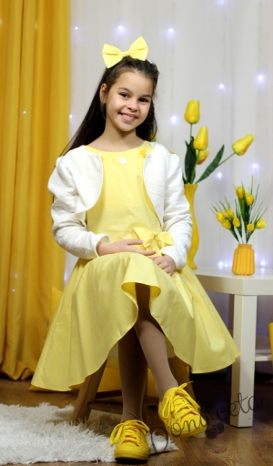 Детска рокля в жълто клош с бяло болеро 7