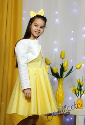 Детска рокля в жълто клош с бяло болеро 9