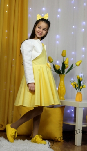 Детска рокля в жълто клош с бяло болеро 11