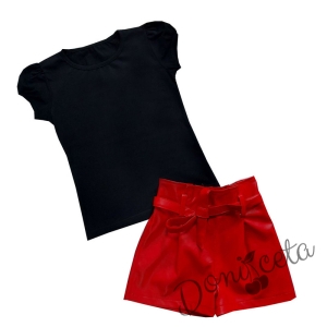 Комплект от детска тениска в черно и кожени панталони в червено 1