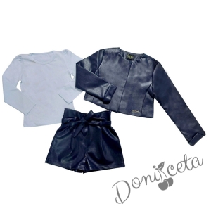 Комплект от 3 части- къси кожени панталони в тъмносиньо, блузка в бяло и кожено яке