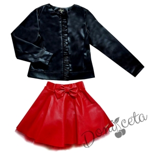 Комплект от кожено яке с цип в черно и кожена пола в червено